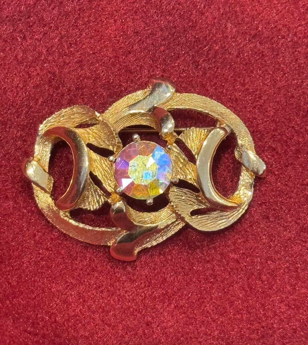 Vintage Hope Chest Goldtone AB Aurora Borealis Rhinestone Brooch Pin